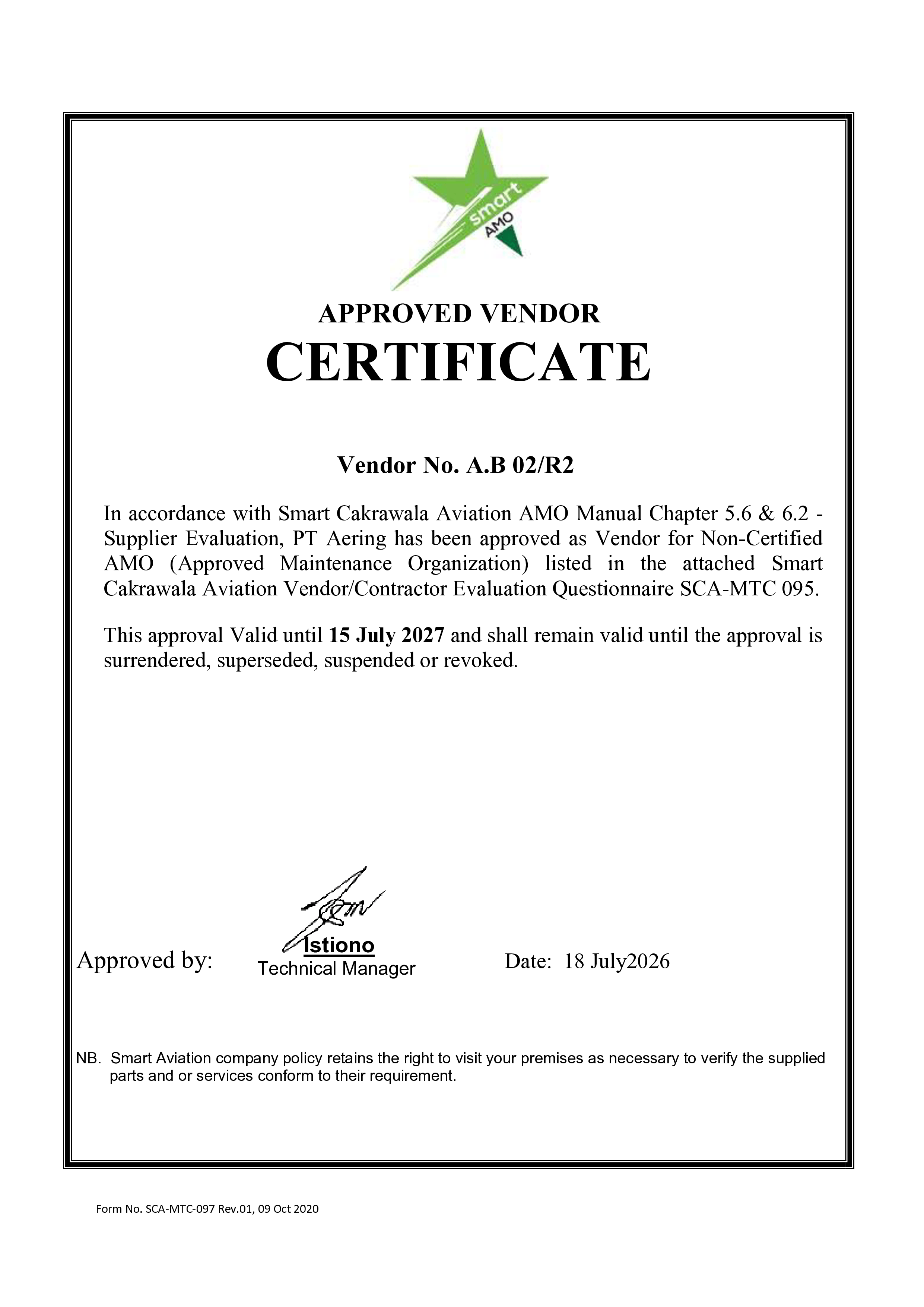 Approved Vendor Certificate – PT AERING (Smart Cakrawala Aviation)