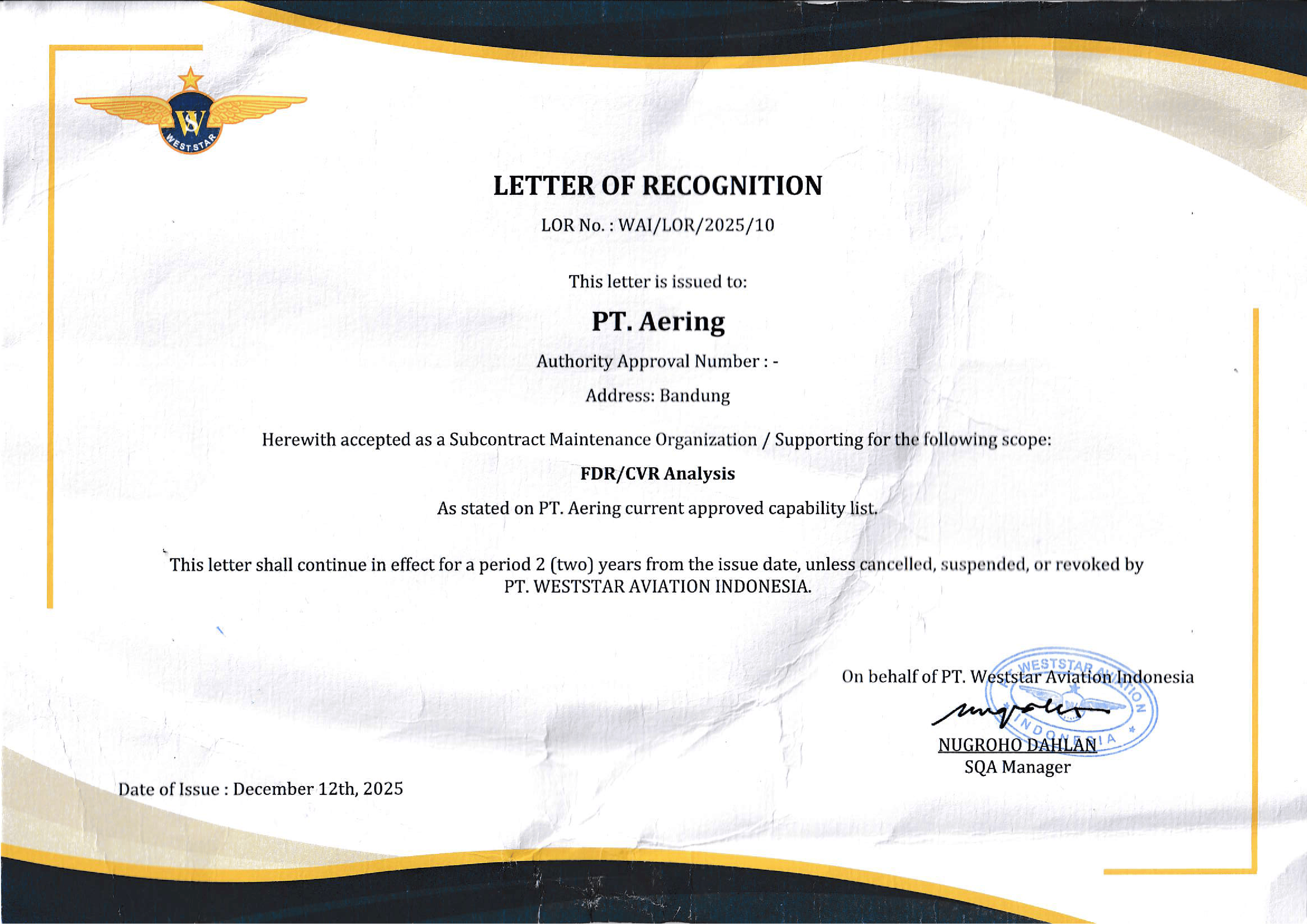 Letter of Recognition – PT AERING (FDR/CVR Analysis)